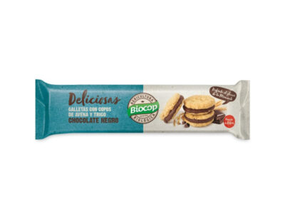Deliciosos biscoitos com flocos de aveia e trigo recheados com Black Choco Bio 150g Biocop