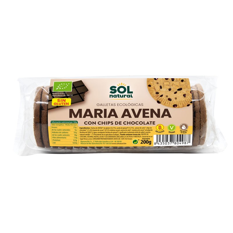 Maria de Avena biscoitos com lascas de chocolate sem glúten bio 200g sol natural