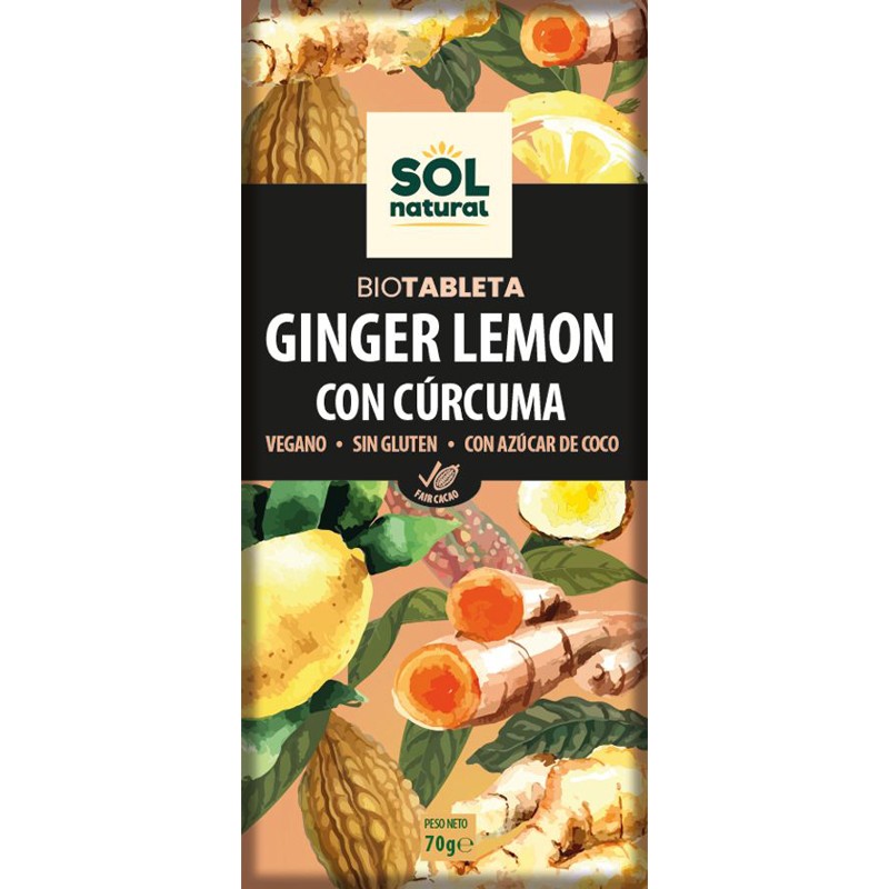 Comprimido de chocolate Jengibre Limon e Curcuma Bio 70G Sol Natural